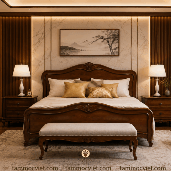 Phòng ngủ Master 30m2 gỗ Hương phong cách Á Đông đương đại